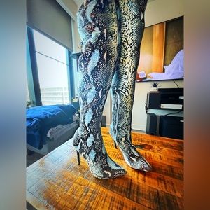 Blue Snake Skin Print Thigh High Boots